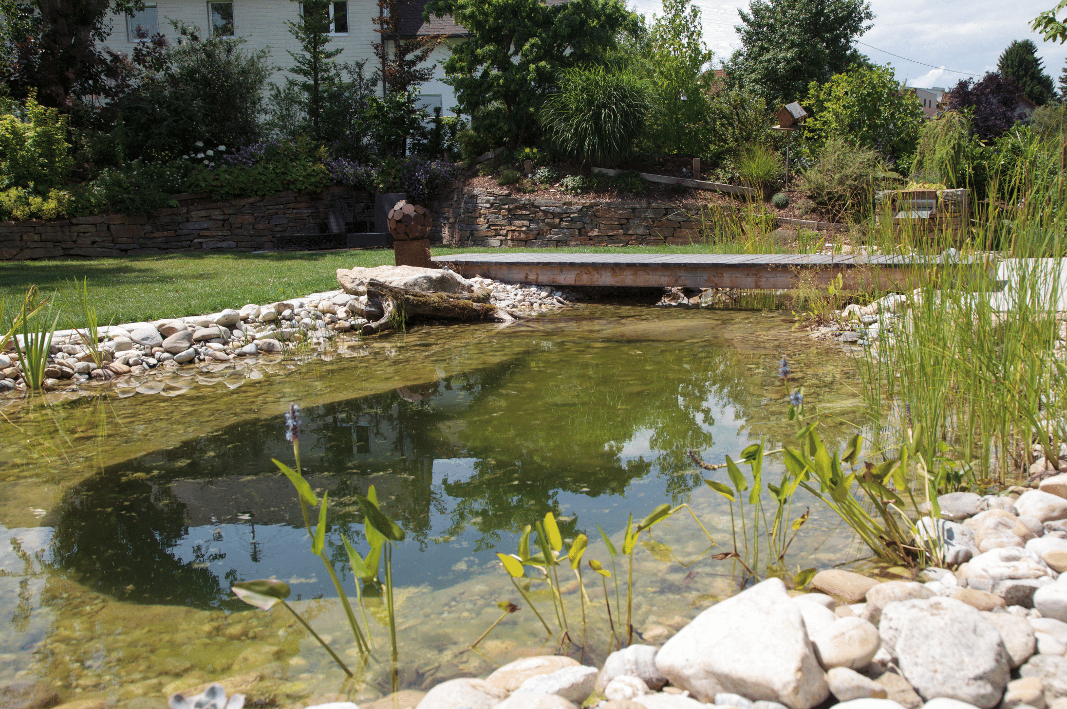 Hablesreiter zeigt einen Naturpool mit Steinumrandung und einer Brücke aus Holz darüber in einem großen Garten.