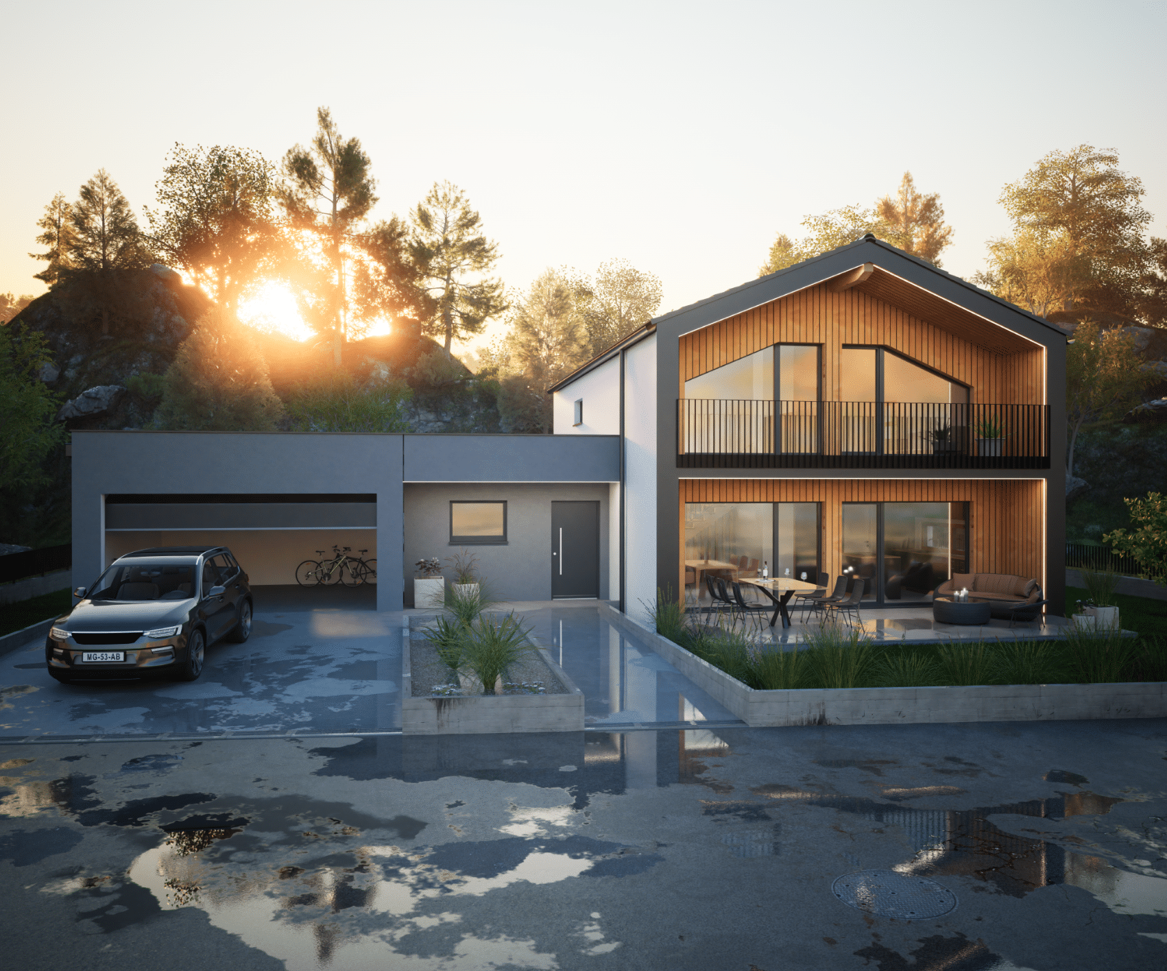 HARTL HAUS zeigt ein sehr modernes Einfamilienhaus mit zwei Stöcken, Holzverbau, Terrasse Garage und bepflanztem Garten.