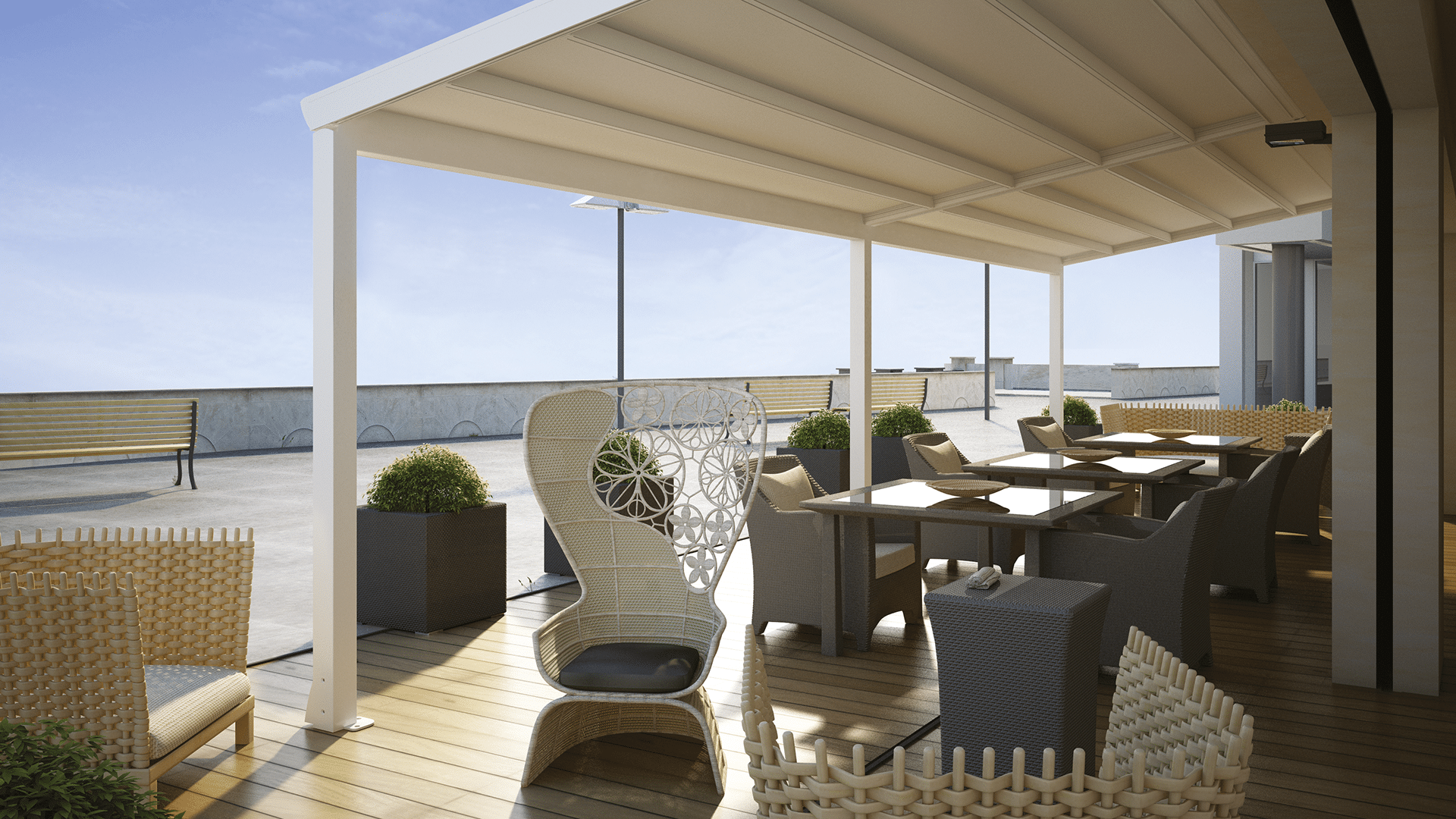 Hella präsentiert eine weiße Pergola-Terrassenüberdachung, darunter sind Tische mit Rattanstühlen, blauer Himmel und Buchsbäumen auf einer geräumigen Terrasse.