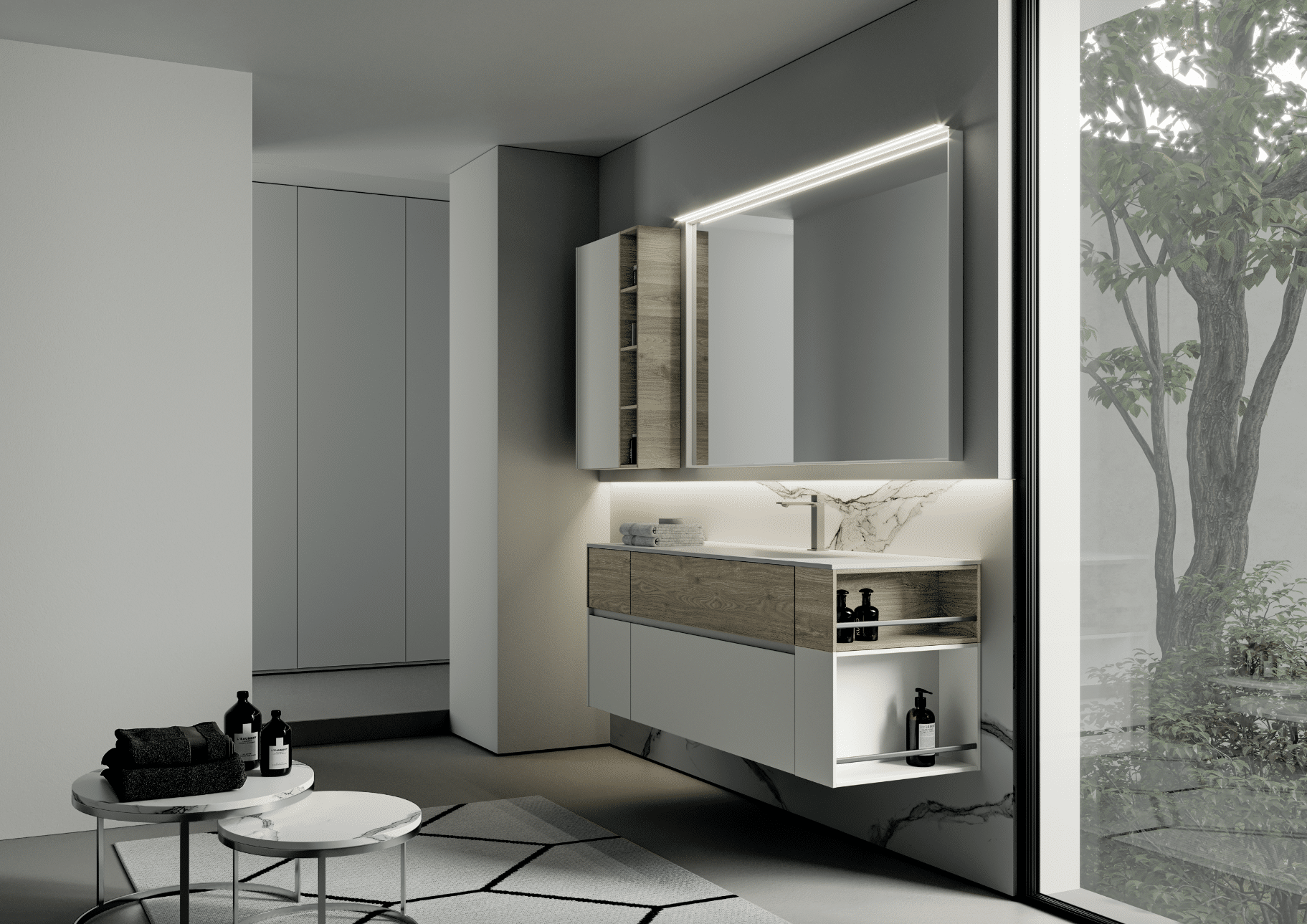 Badezimmer mit Waschtisch, Spiegel, Schrank und Ablagefächern von Idea Group.