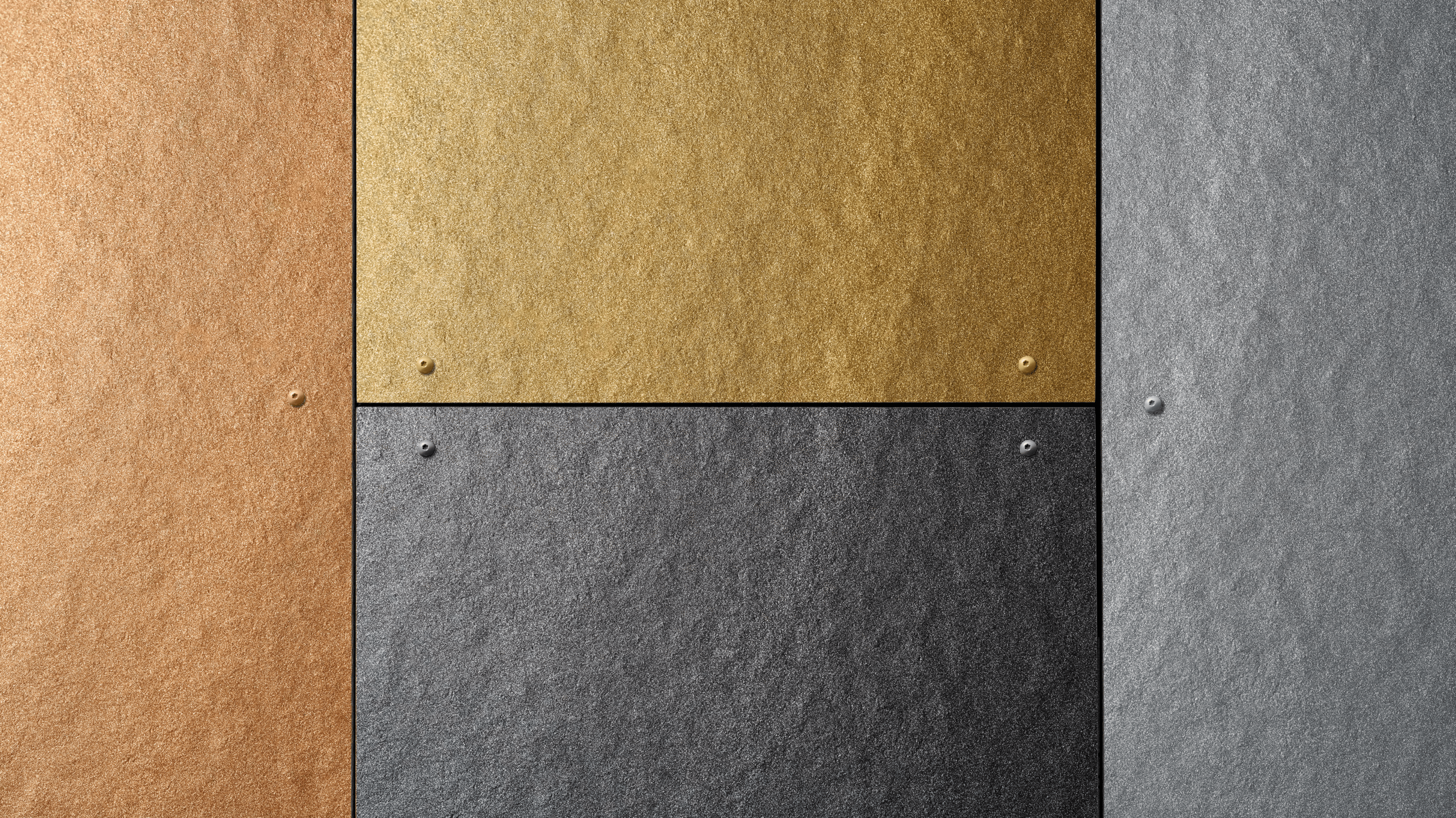 Fassadenplatten von James Hardie in verschiedenen Farben: Silber, Gold, Kupfer, Stahl.