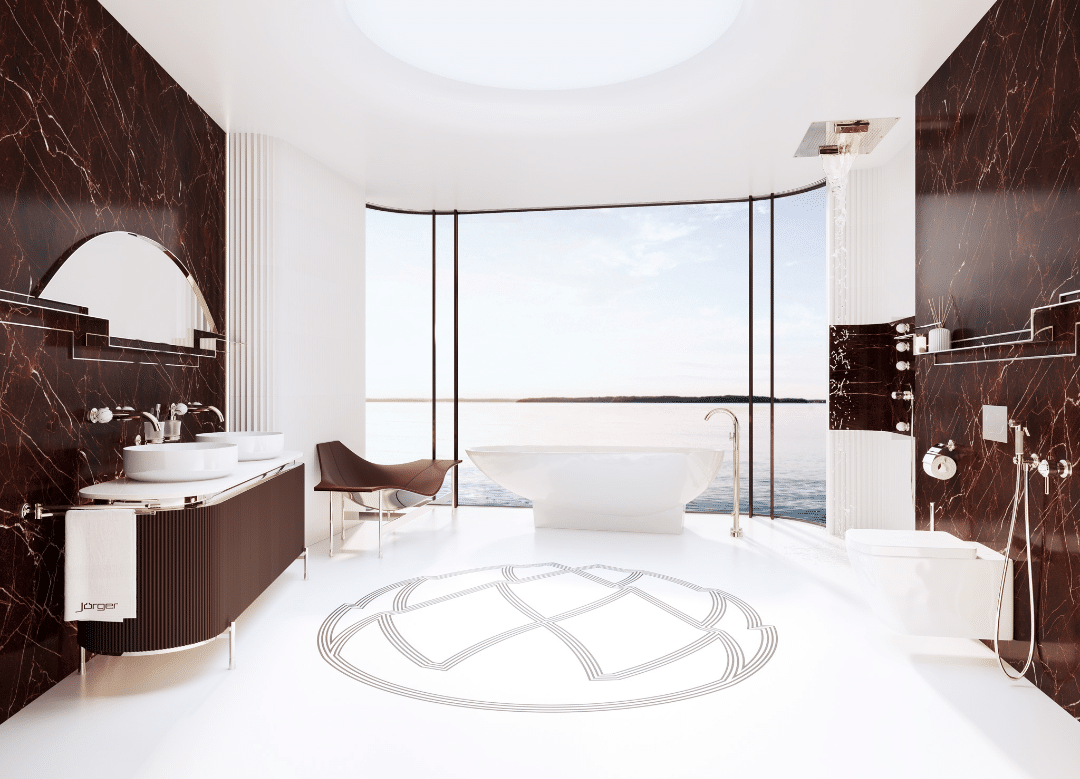 Jörger zeigt ein luxuriöses Badezimmer, ausgestattet mit barrierefreier Dusche, freistehender Badewanne, WC, Doppelwaschtisch und eleganten Armaturen.