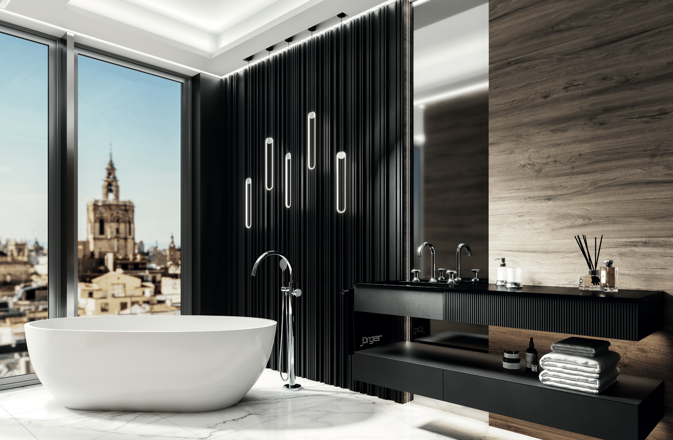 Jörger präsentiert ein sehr modernes Badezimmer mit freistehender Badewanne, einem an der Wand montierten Waschtisch mit schwarzen Armaturen und großen Fenstern.