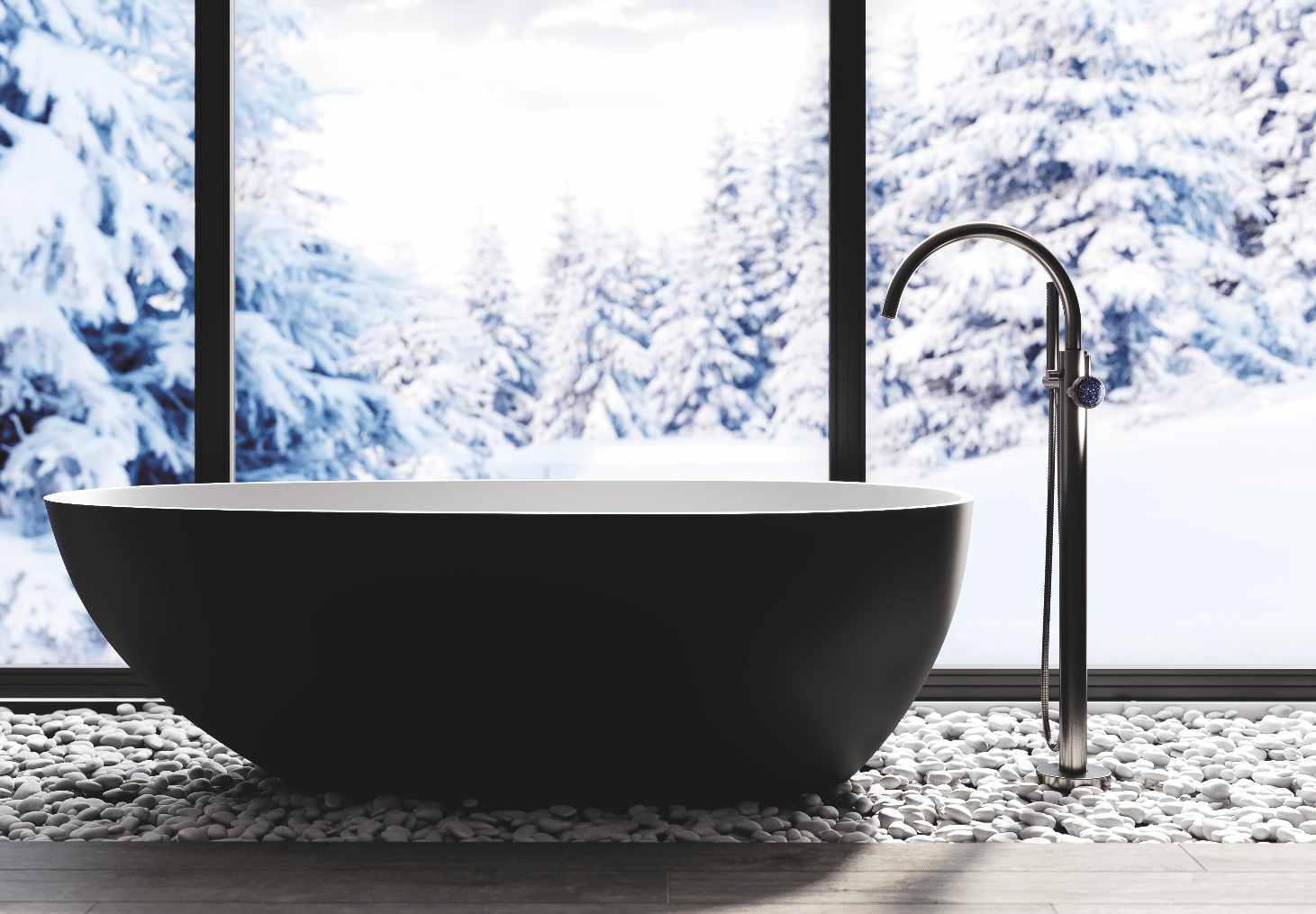 Moderne Eleganz verbindet sich mit Purismus und Elementen von Industrial Style. Die frei stehenden Armaturen für Waschtisch und Badewanne kommen als Designobjekte in der gegebenen Badarchitektur mit Freiraum besonders schön zur Geltung.