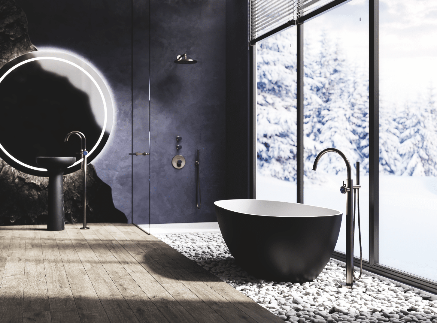 Moderne Eleganz verbindet sich mit Purismus und Elementen von Industrial Style. Die frei stehenden Armaturen für Waschtisch und Badewanne kommen als Designobjekte in der gegebenen Badarchitektur mit Freiraum besonders schön zur Geltung.