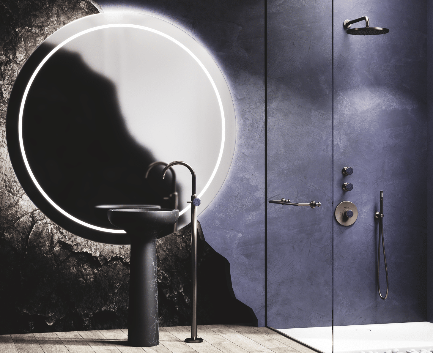 Ästhetik ist Funktion – So könnte die Maxime des Designers Oliver Jörger lauten. Außergewöhnlich ausdrucksstark präsentiert sich die neue Badinspiration mit „Valencia“ in Nerz matt und blauem Aventurin. – Das Leben ist schöner mit Jörger Design.
