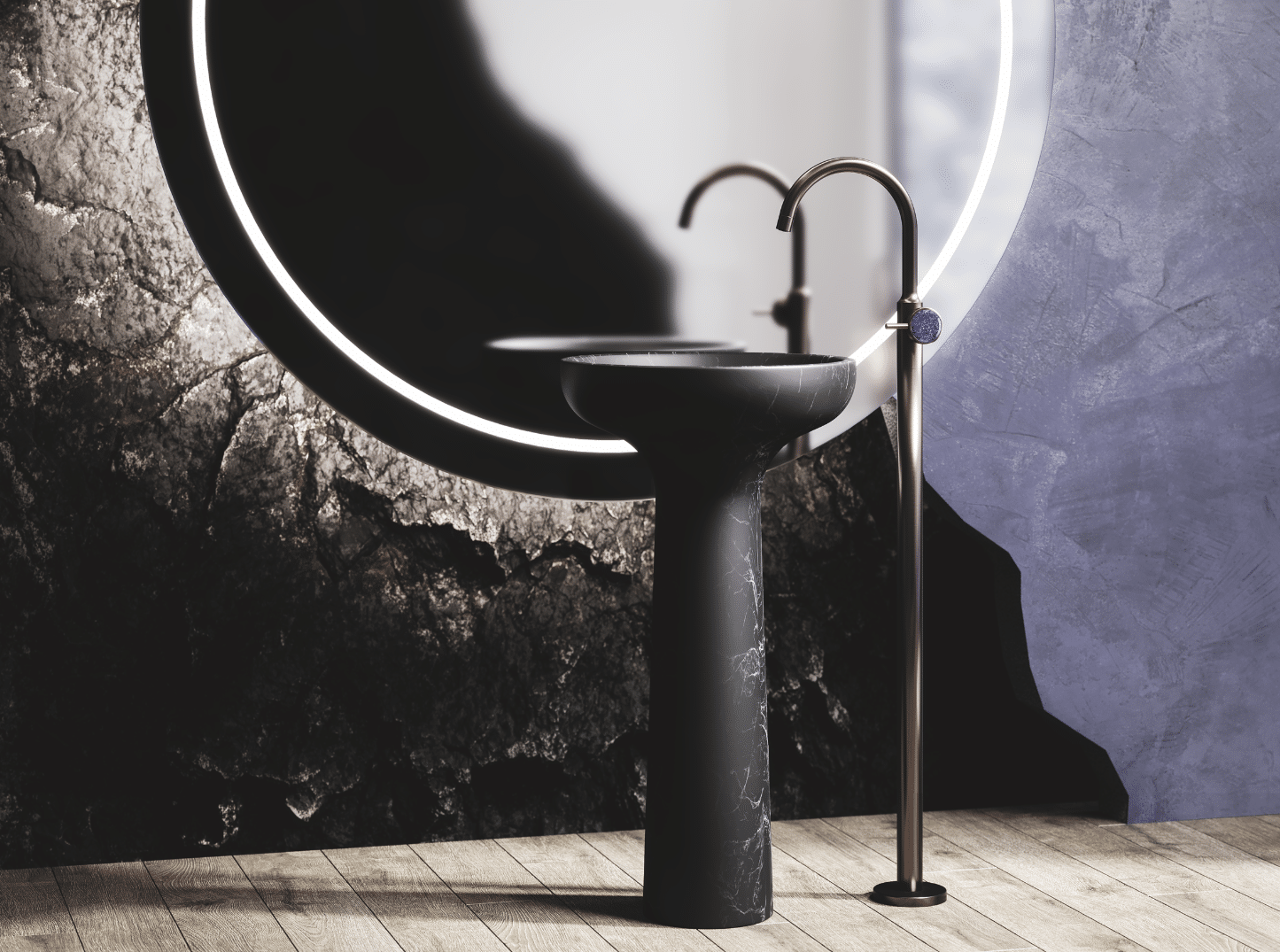 Moderne Eleganz und luxuriöser Purismus – italienisches Design von Antonio Lupi und Jörger im Einklang. Sehr ästhetisch dazu der große, runde Spiegel mit LED-Beleuchtung. Fast dramatische Schönheit entsteht durch die schwarzen, felsenartigen Steinwände.