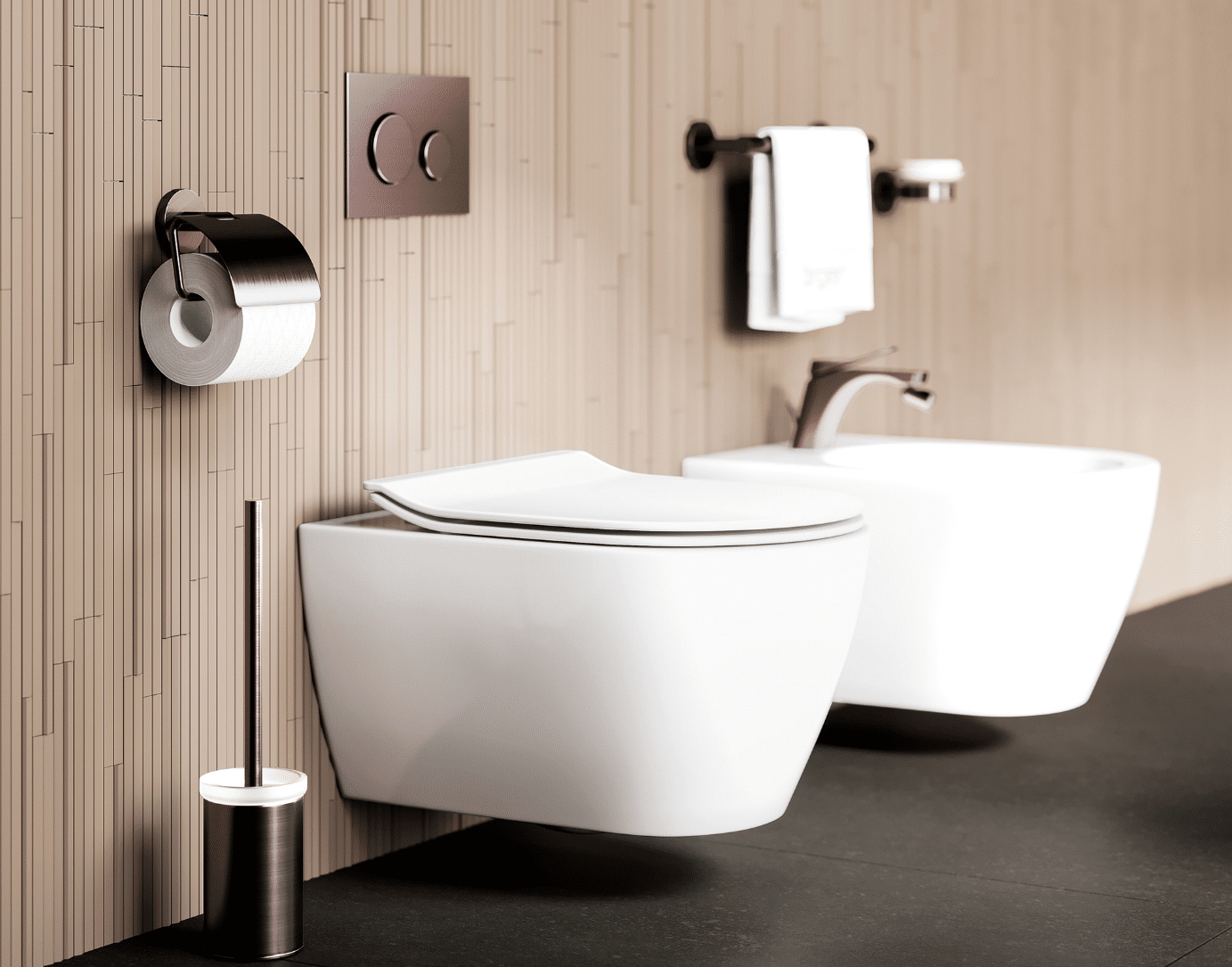 „Eleven“ in Nerz matt ist ein absoluter Hingucker auch im WC-Bereich. Stimmig veredelt zeigen sich Bidet-Batterie, Accessoires und WC-Betätigungsplatte. Perfekt dazu das Hänge-WC und Bidet in mattem Weiß aus der Kollektion „Moon“ von Scarabeo.
