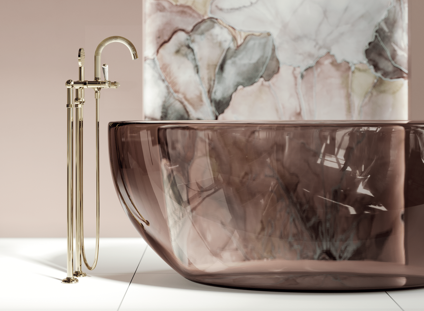Jörger zeigt eine freistehende Badewanne in einem Nerzton und goldener Armatur und Duschkopf die am weissen Fliesenboden montiert ist von der Serie Cronos.