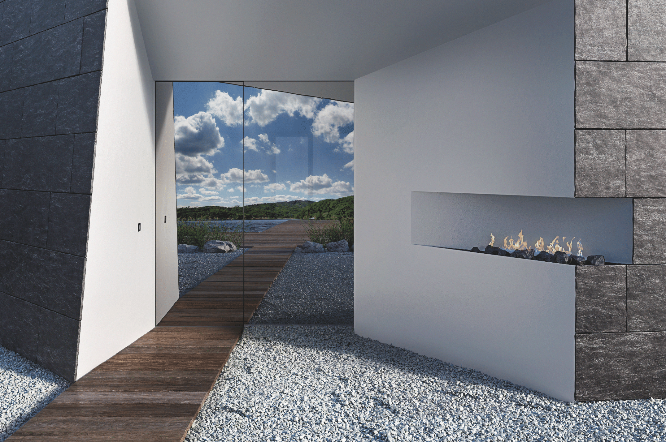 Josko zeigt eine verspiegelte Haustüre die den blauen Himmel mit vielen Wolken reflektiert und mit einem Kamin in der Wand und einem Zugang aus Holzplatten über einem Kiesweg.