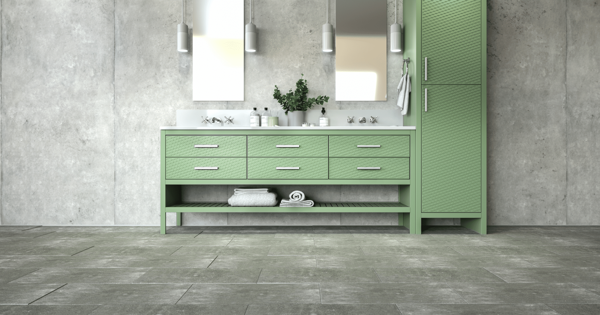 Keplinger zeigt ein Badezimmer im Industrial Style mit gefliestem Boden und hellgrauer Betonwand und einem mintgrünen Waschtisch aus Holz mit Lasergravur.