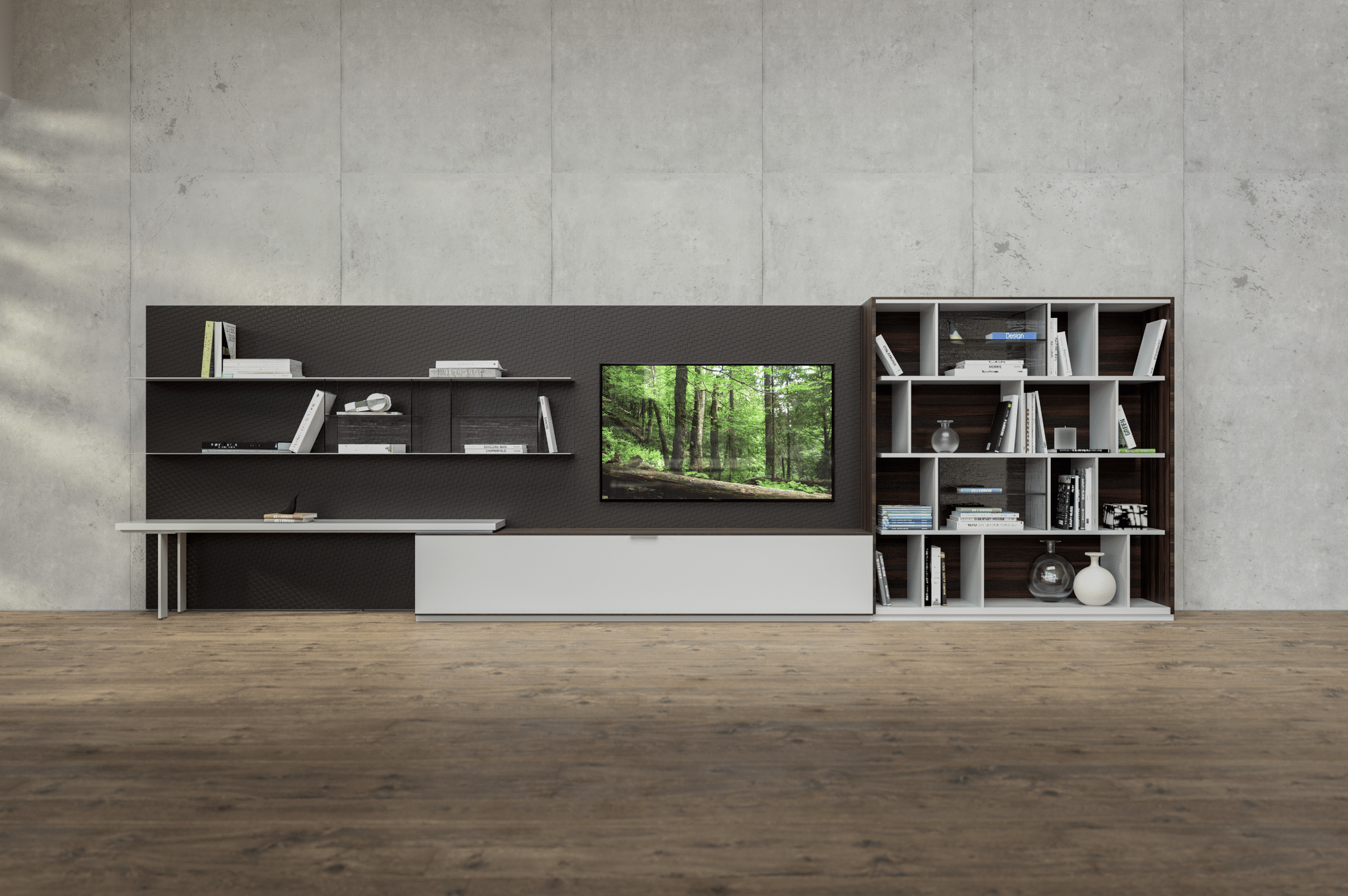 Keplinger zeigt eine Wohnwand aus Holz mit Lasergravur in einem Wohnzimmer mit Holzboden und Betonwand im Industrial Style.