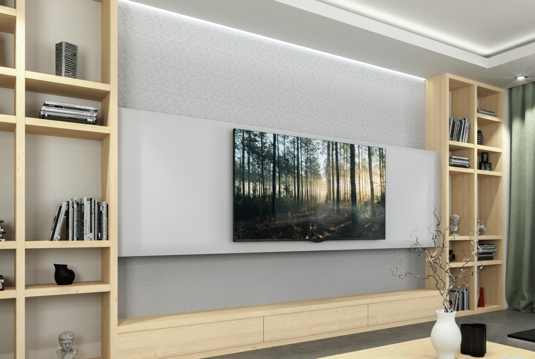 Keplinger zeigt eine Wohnwand aus hellem Holz, mit offenen Regalfächern, einem großem Fernseher und Holzgravur in der Rückwand.
