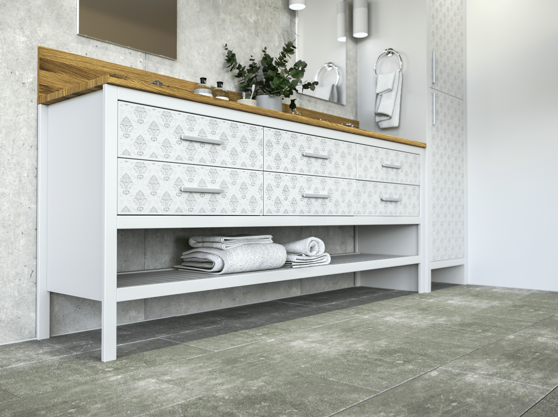 Keplinger zeigt einen weissen Waschtisch mit schöner Holzgravur und Laden mit silbernen Griffen in einem hellen Badezimmer mit Fliesenboden.