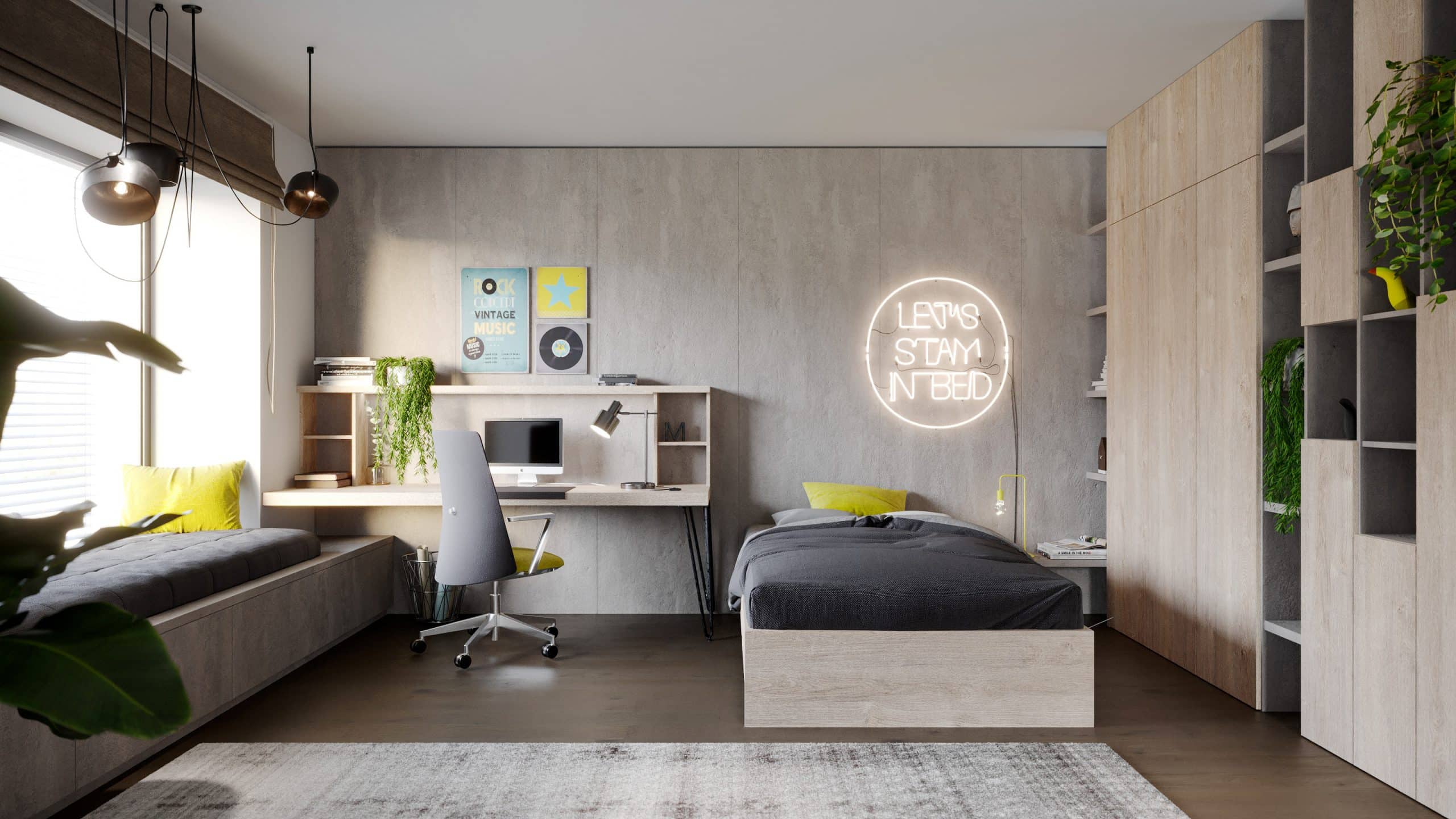 Modernes Jugendzimmer mit Bett, Schreibtisch und großzügiger Schrankwand mit Fronten von KRONOSPAN.