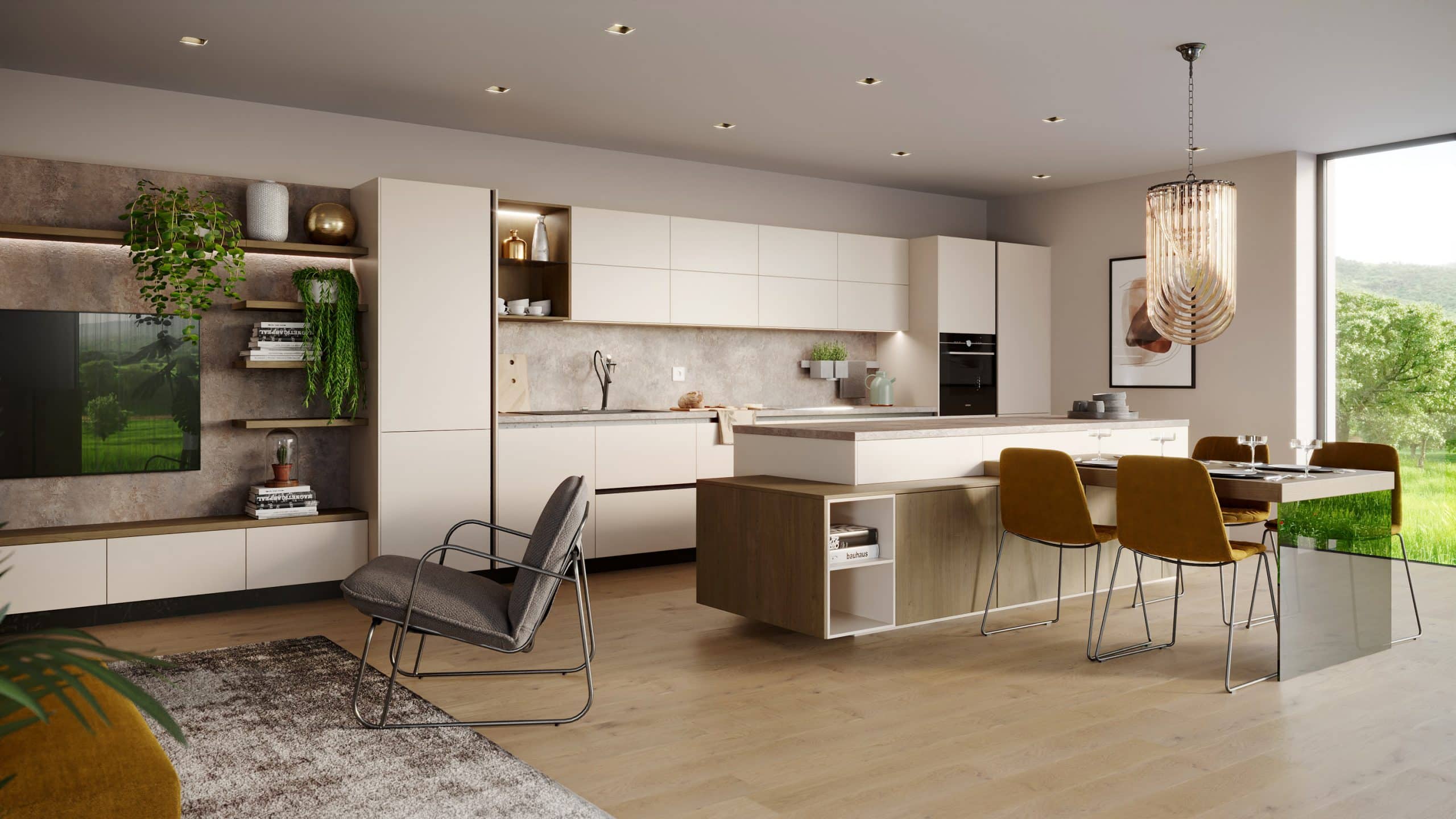 Moderne, offene Inselküche mit angeschlossenem Esstisch und Wohnzimmerwand mit Fronten von KRONOSPAN.