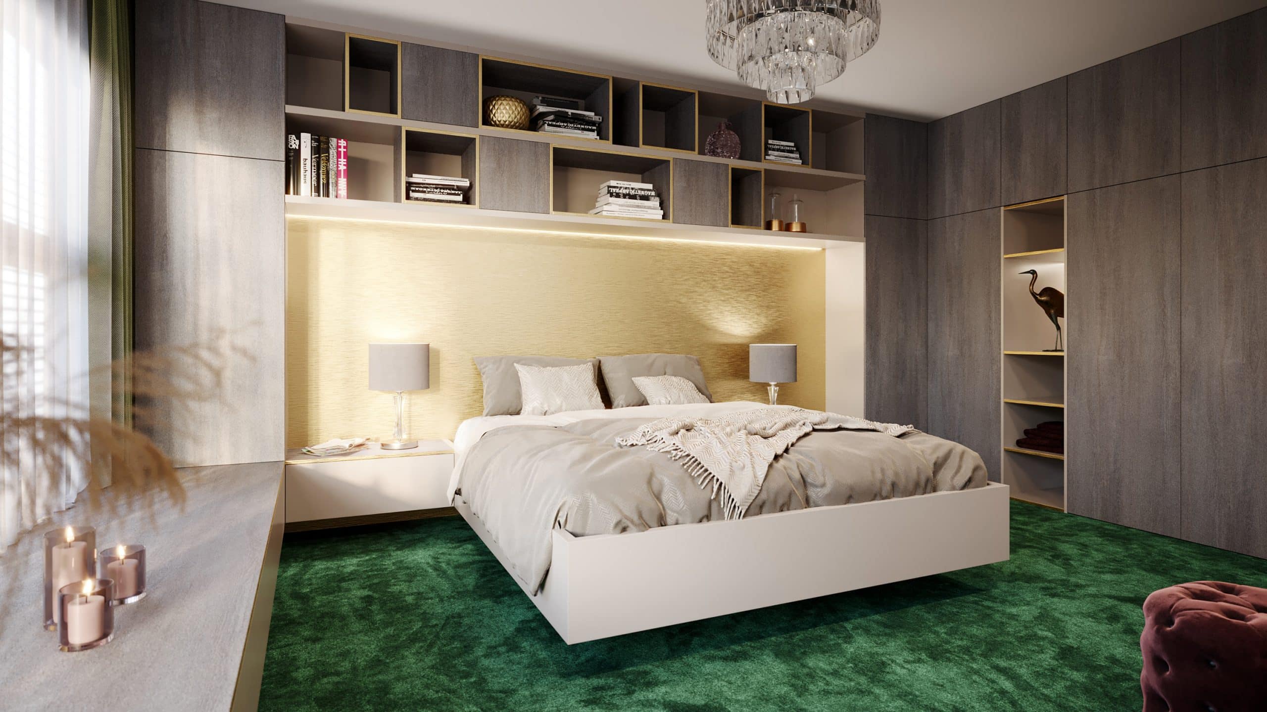 Schlafzimmer mit geräumiger Schrankwand und breiter Fenstersitzbank mit Verblendung und Fronten von KRONOSPAN.