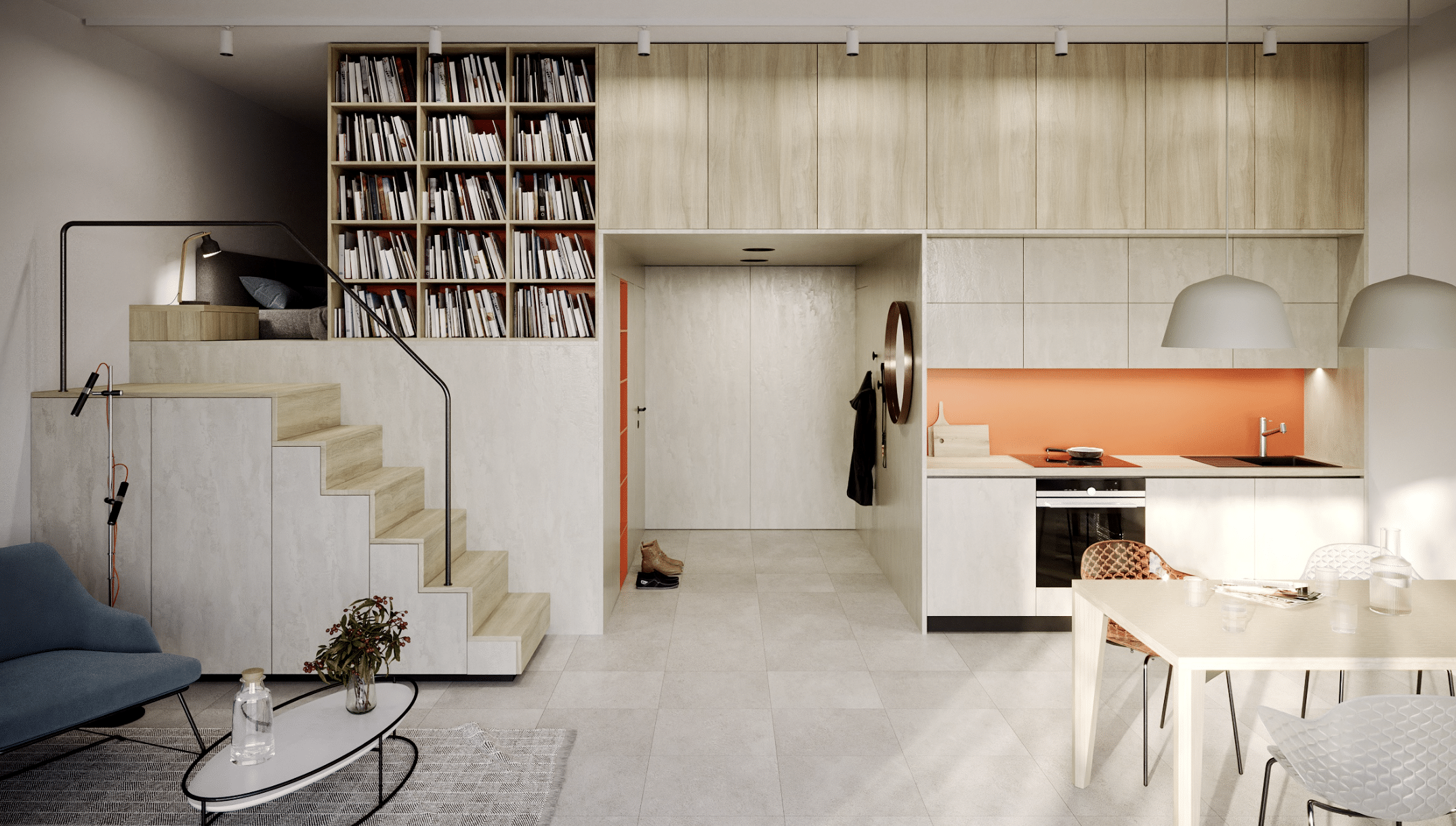 KRONOSPAN zeigt ein modernes Wohnkonzept mit Küchenzeile, Treppe zum Schlafbereich und einem Verbau mit Schränken und Regalen.