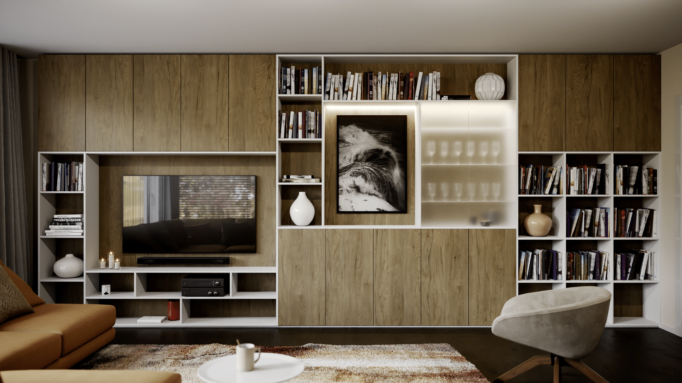 KRONOSPAN zeigt einen praktischen Wohnzimmerverbau mit Schränken und Regalen.