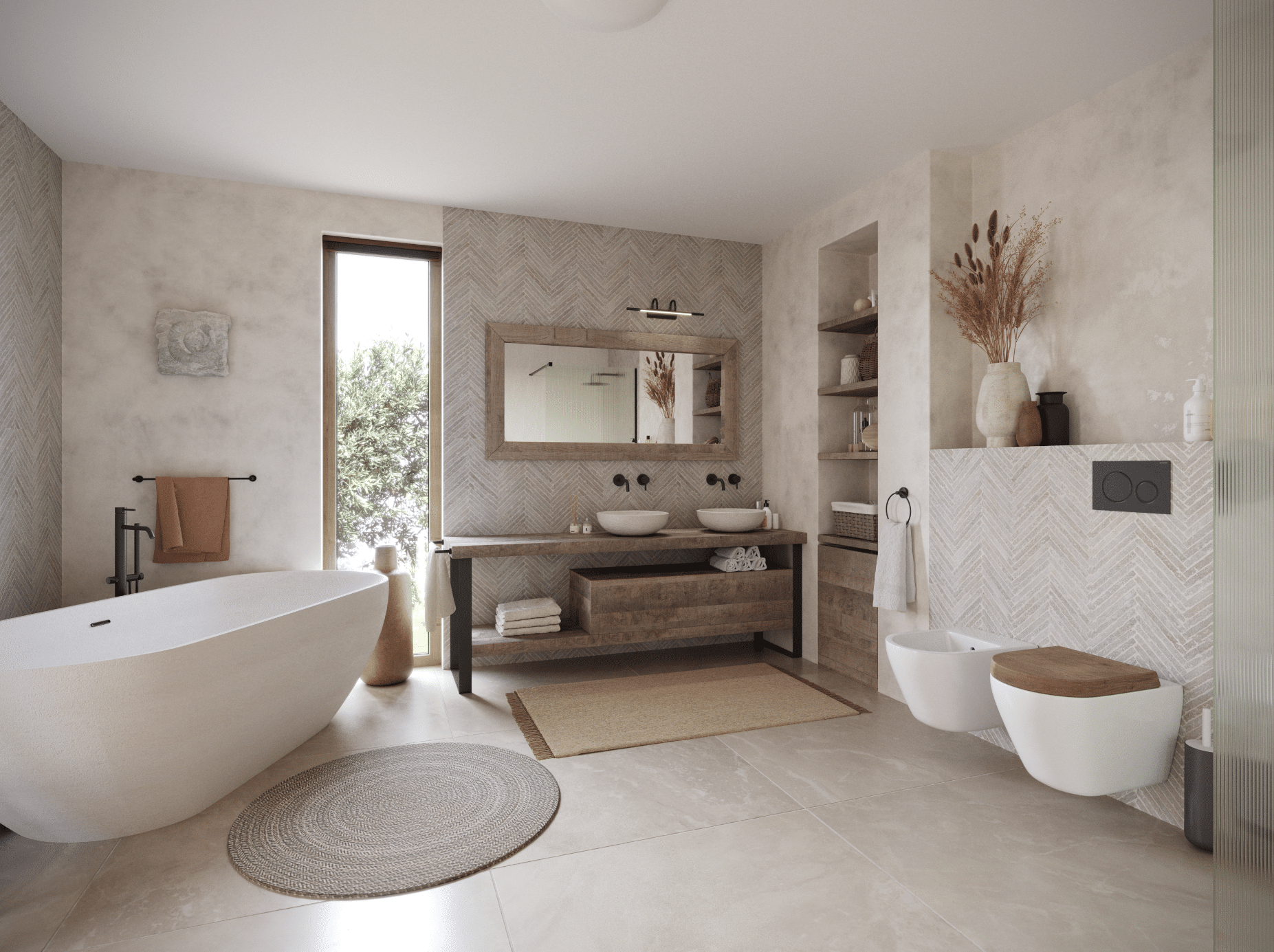 KRONOSPAN zeigt ein Badezimmer in Naturtönen mit einer freistehenden Badewanne, einem Waschtisch aus Holz und freiliegenden Teppichen auf dem Fliesenboden.