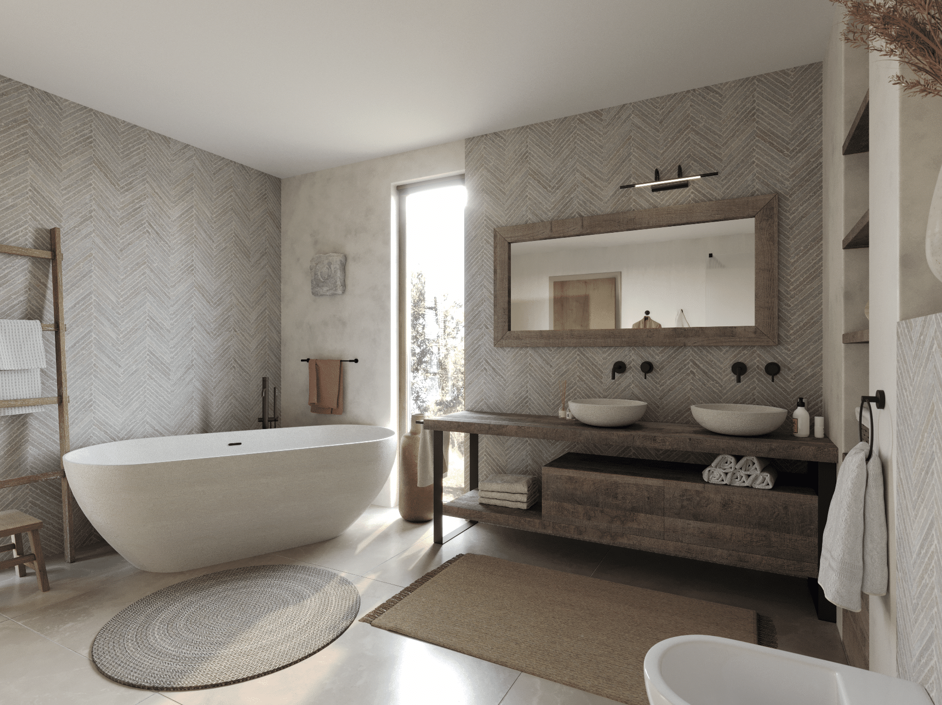 KRONOSPAN zeigt ein Badezimmer in Naturtönen mit einer freistehenden Badewanne, einem Waschtisch aus Holz und gemusterten Wänden.