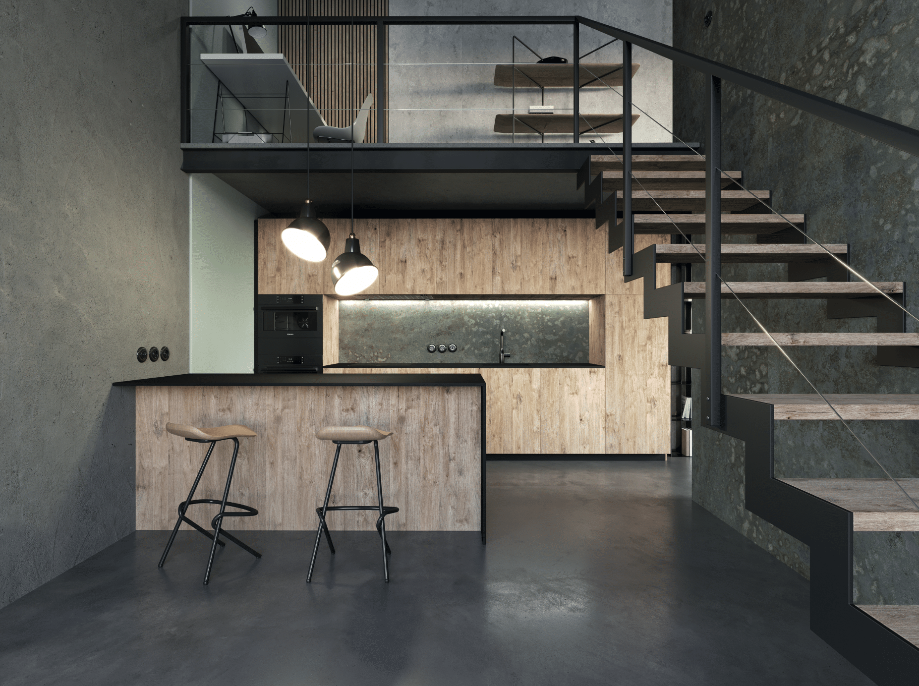 KRONOSPAN zeigt eine Küche im Industrial Style, mit einer Kücheninsel aus Holz, Barhockern und einer Holztreppe mit Zugang zu einer Galerie mit Arbeitsbereich.