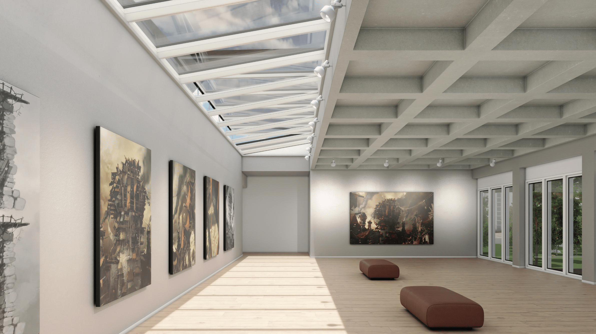 Lamilux zeigt eine Kunstausstellung in einem großen, offenen Raum mit Glasfronten und einem Panoramadach, das für viel Tageslicht sorgt.