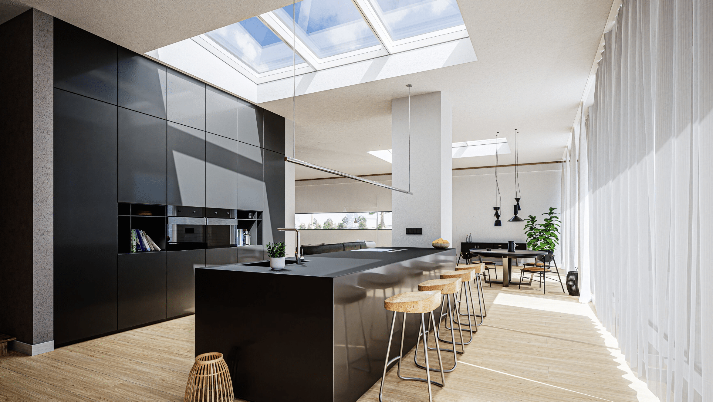 Lamilux zeigt eine elegante Küche mit einer Kochinsel, schwarzen Oberflächen in Hochglanz und einem Panoramadach für viel Tageslicht beim Kochen.