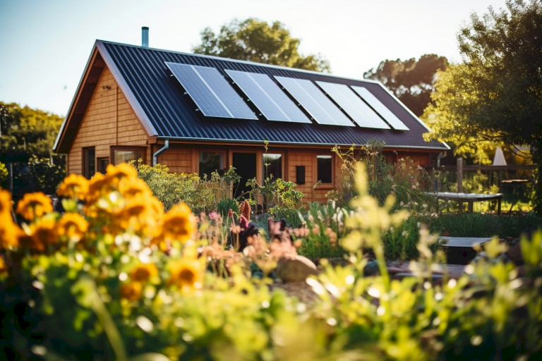 Blockhütte mit Satteldach und dachmontierten Solarpaneelen von LVI Haustechnik.