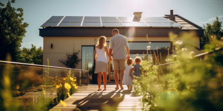 Junge Familie auf einer Holzbrücke auf dem Weg zum Einfamilienhaus mit Satteldach und Solarpaneelen von LVI Haustechnik.