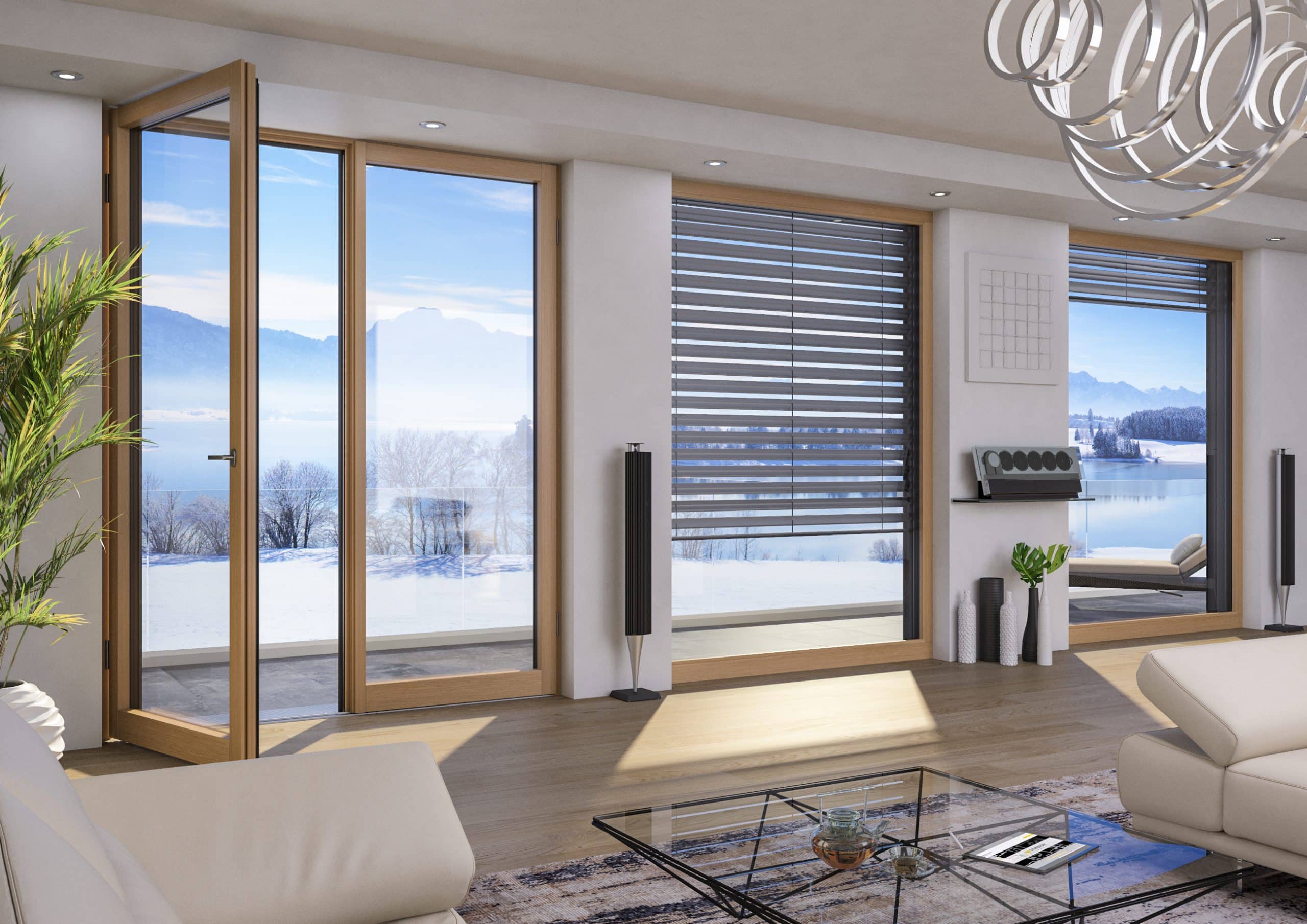 Maderböck zeigt das neue Fenstersystem "PERFECT" in einem modernen Wohnzimmer mit Ausblick in den Schnee.