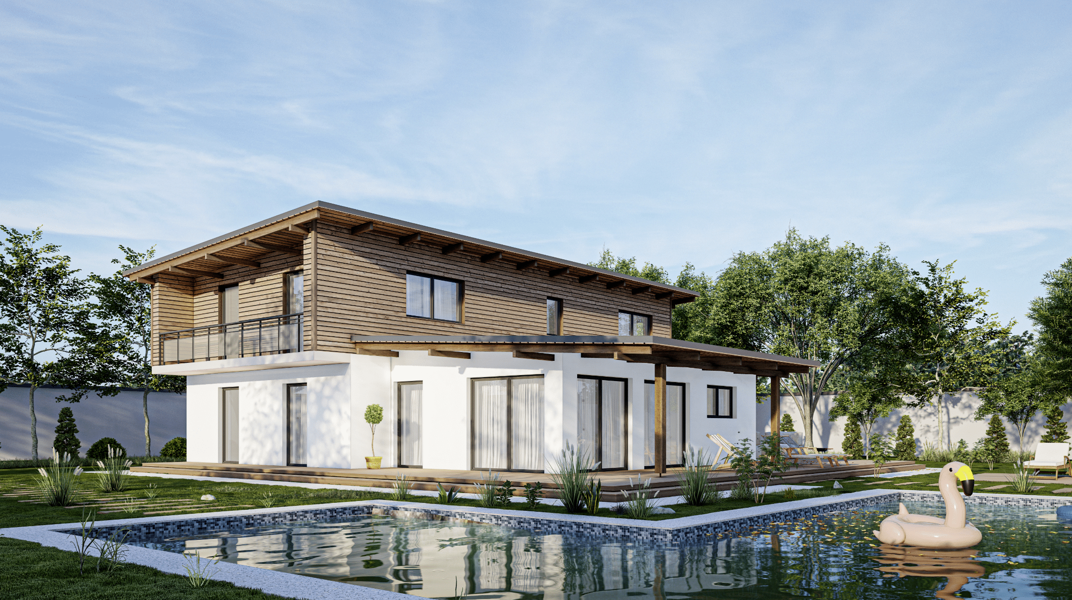 Das moderne Haus von Marles Fertighaus bezaubert mit seinen Holzelementen und den hohen Fensterfronten für exklusives Design.