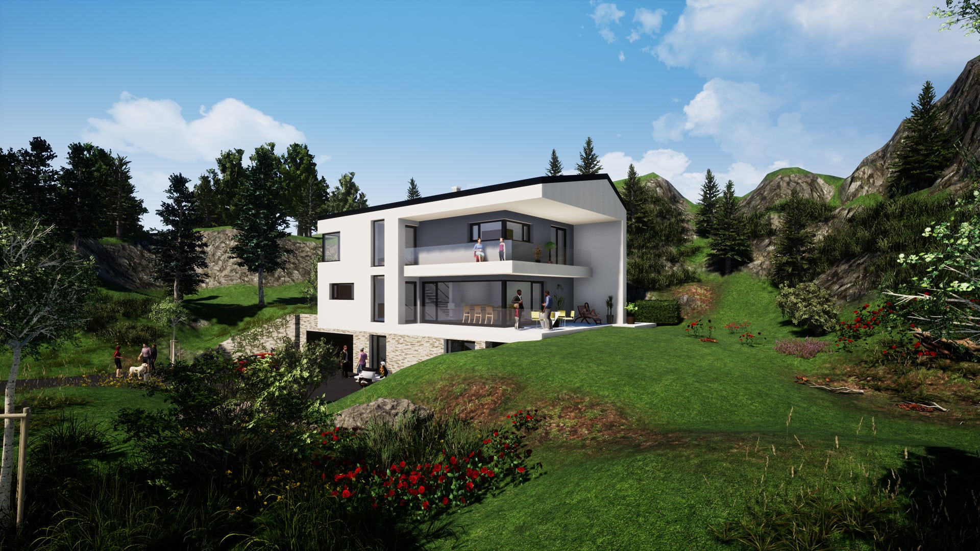 Planco zeigt 3D-Visualisierung für ein modernes Mehrfamilienhaus mit Satteldach in einer Hanglage mit Garage und zwei Balkone.