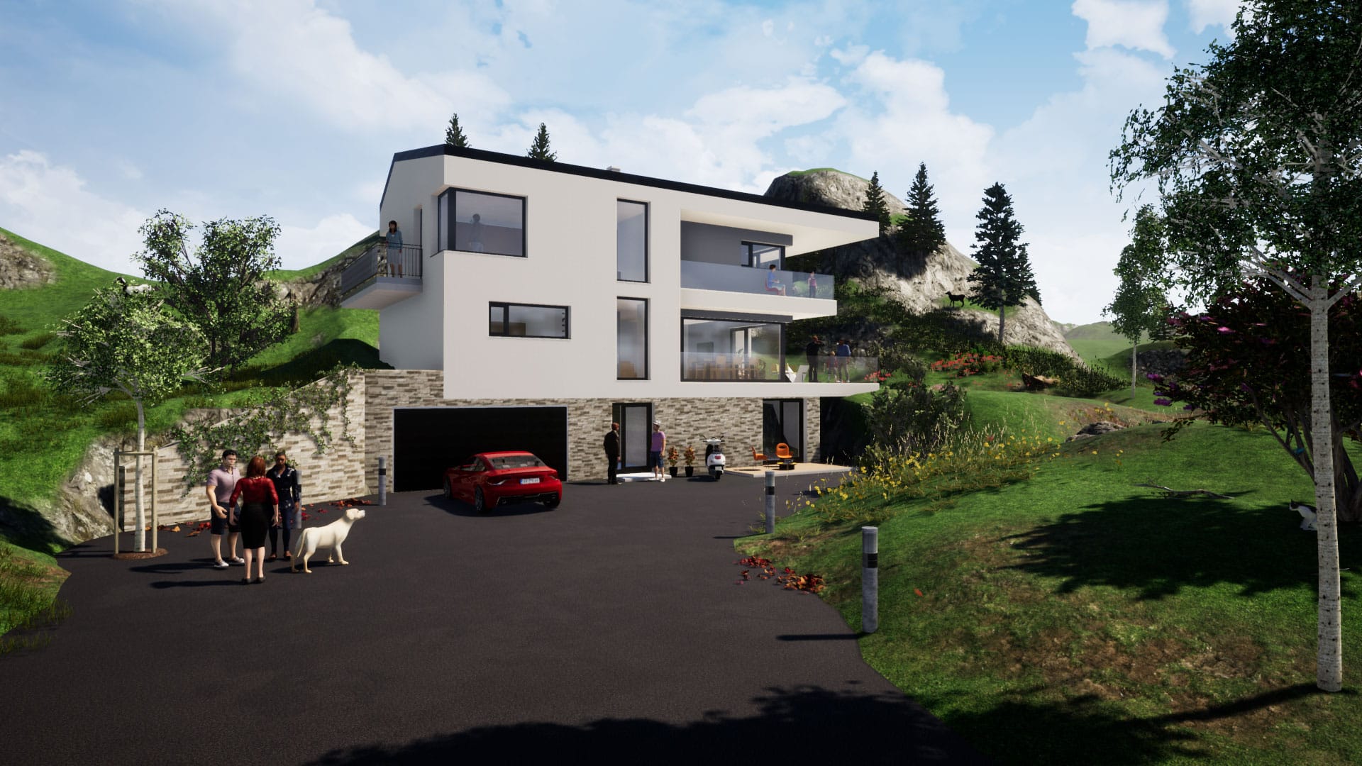 Planco zeigt 3D-Visualisierung für ein modernes Mehrfamilienhaus mit Satteldach in einer Hanglage mit Garage und zwei Balkone.