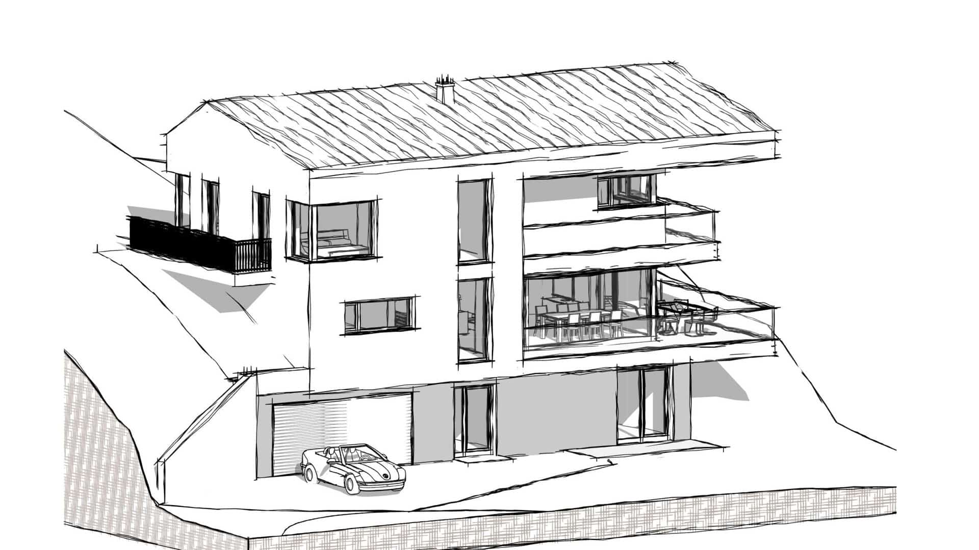 Planco zeigt 3D-Visualisierung für ein modernes Einfamilienhaus mit Satteldach in einer Hanglage mit Balkon und Garage.