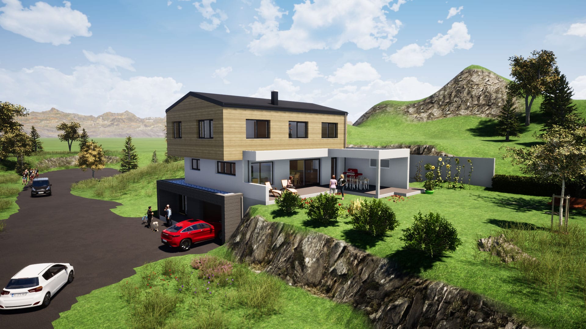 Planco zeigt 3D-Visualisierung für ein modernes Einfamilienhaus in Hanglage mit Satteldach, überdachter Terrasse und Garage.