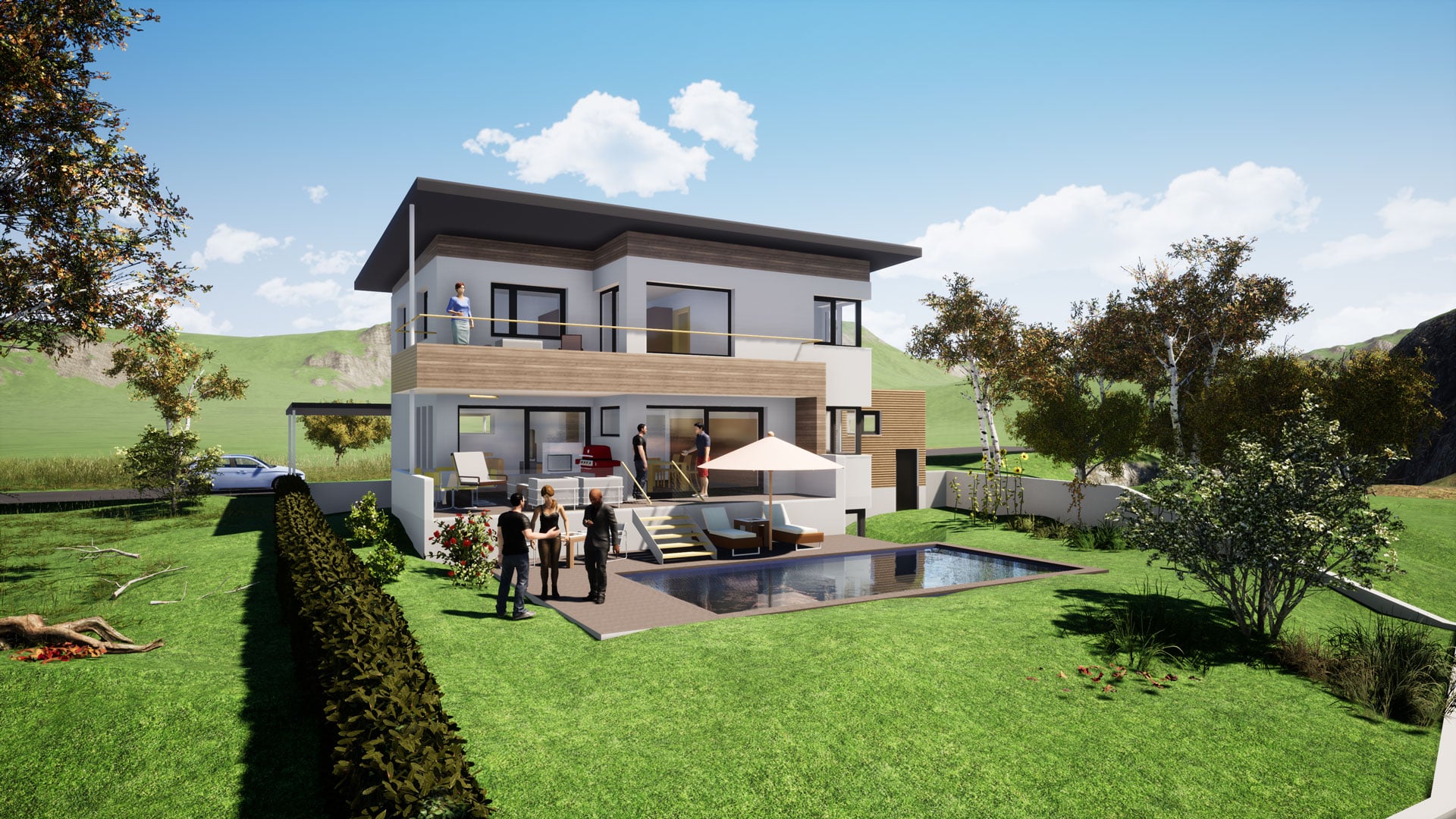 Bauplanung, Baubegleitung 3D-Visualisierung und Baukoordination via planco GmbH für ein modernes Einfamilienhaus mit Pultdach, Holzbalkon und Pool im großem Garten.
