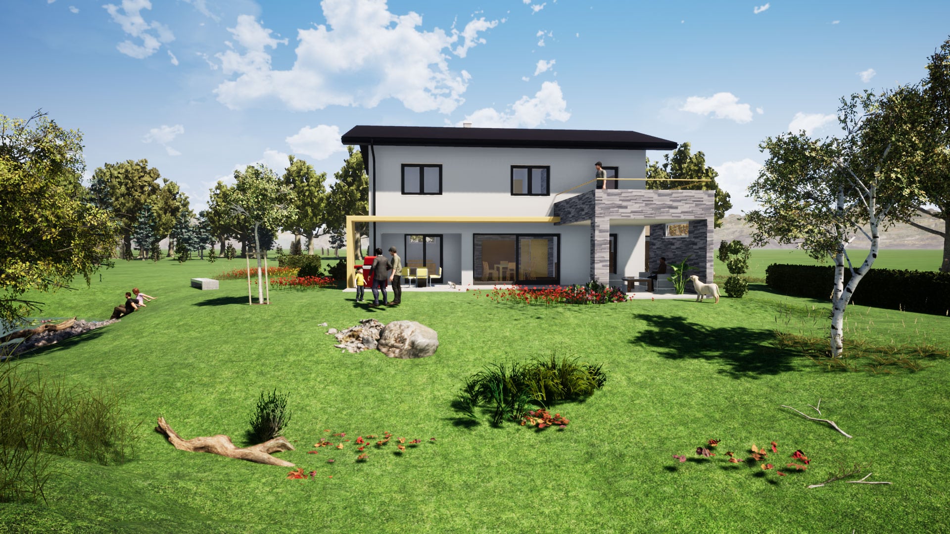 Bauplanung, Baubegleitung 3D-Visualisierung und Baukoordination via planco GmbH für ein modernes Einfamilienhaus mit Satteldach, überdachter Terrasse mit inkludiertem Balkon.