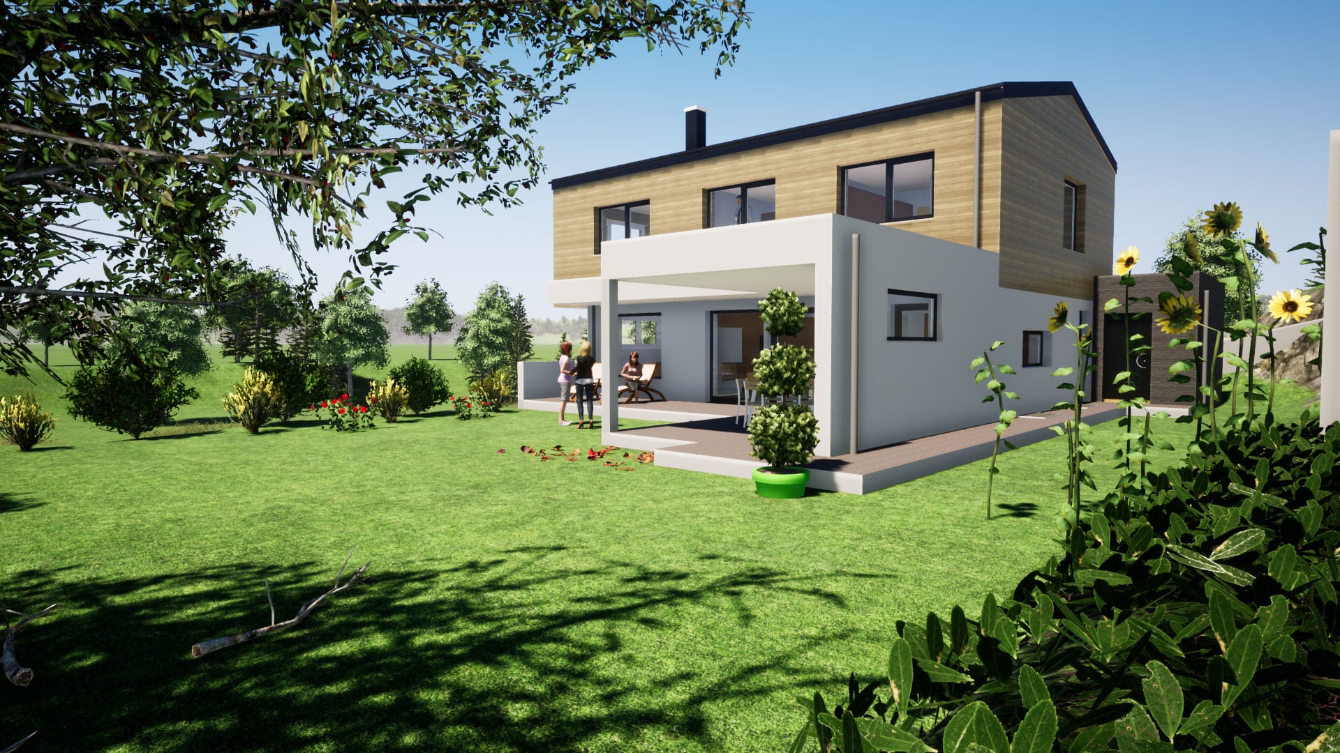 Bauplanung, Baubegleitung 3D-Visualisierung und Baukoordination via planco GmbH für ein modernes Einfamilienhaus mit Satteldach, Holzfassade im Obergeschoss, überdachter Terrasse und großem Garten.