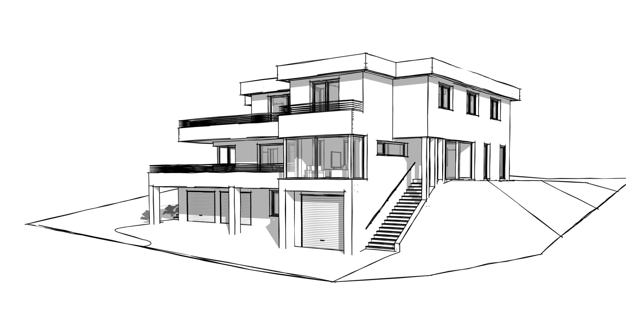 planco zeigt die Skizze eines Mehrfamilienhauses mit einer Garage und überdachtem Carport, verglastem Balkon und Zugang über Stiegen zu der Haustüre.
