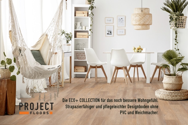 WERBUNG - PROJECT FLOORS GmbH. Zertifizierte und emissionsgeprüfte Designbodenbeläge aus Kunststoff stellen eine authentische Nachbildung von Holz-, Stein- und Keramikoptiken dar.