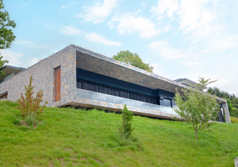 Hanggebaute Villa mit Steinfassade, Flachdach und großzügiger Terrassenfront mit Glasgeländer.