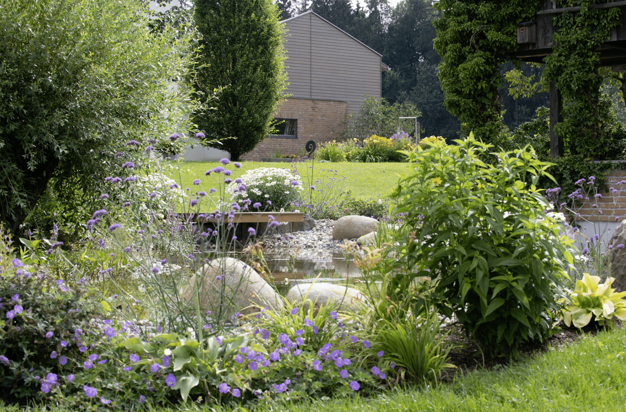 Gartenbau Schmid zeigt die Bepflanzung rund um einen kleinen Teich, verschiedene Blumen, Schilf und Steg.