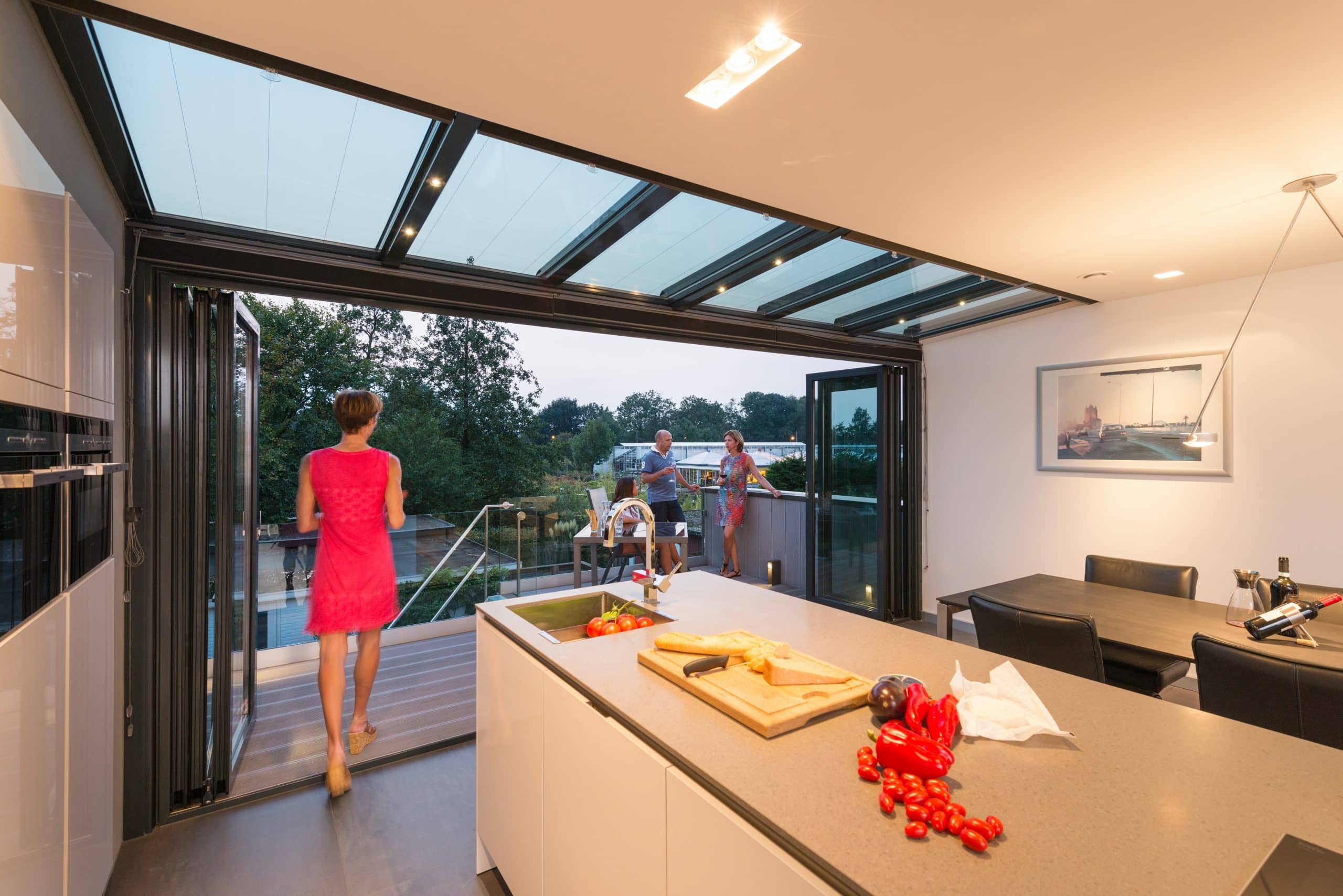 Solarlux zeigt eine Glasfaltwand die Küche und Terrasse barrierefrei voneinander trennt, Menschen unterhalten sich draussen während drin gekocht wird.
