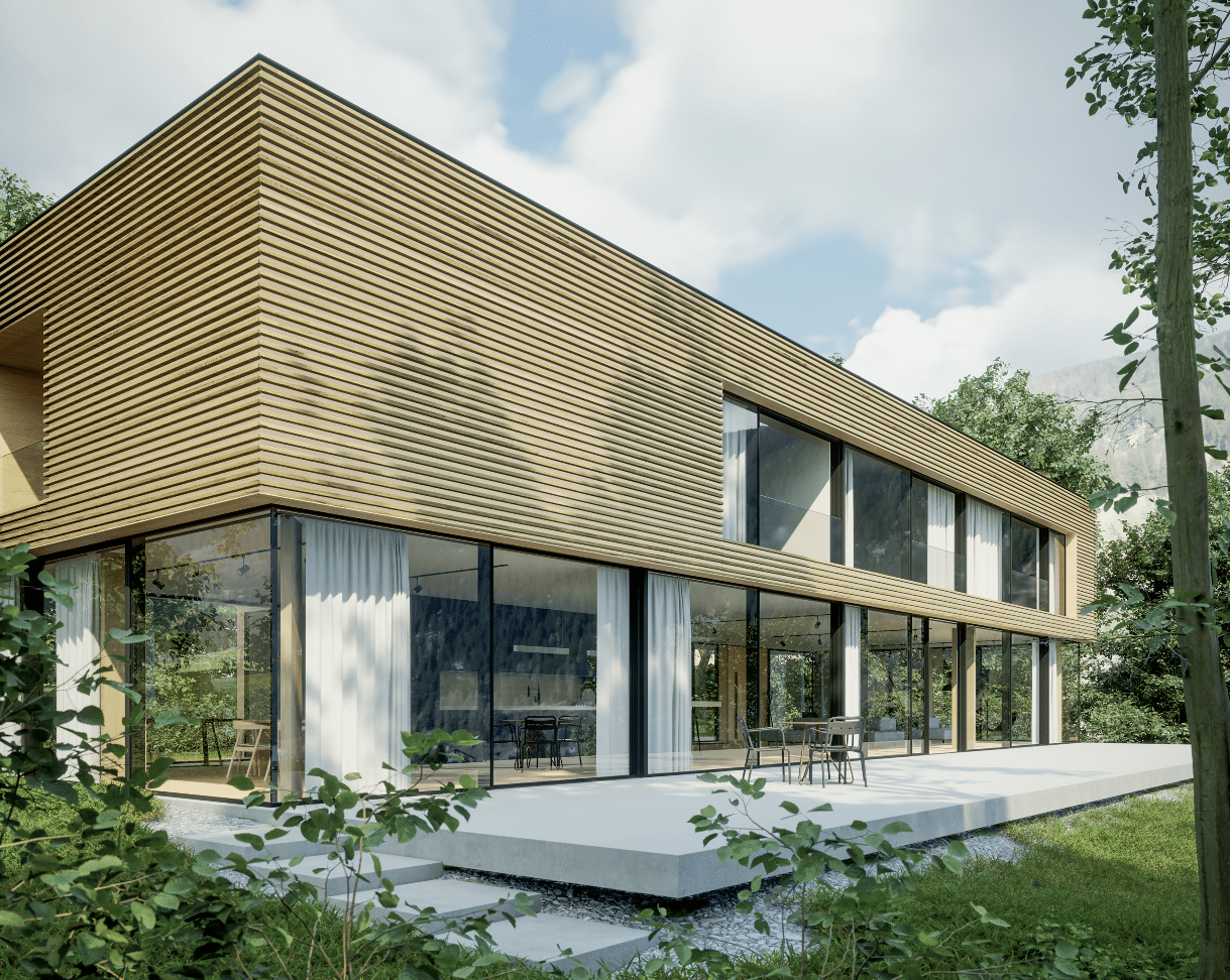 Solarlux zeigt ein modernes Einfamilienhaus aus Holz, mit einem Flachdach, vielen Fenstern und großen Glasfronten im Untergeschoss und einer Glasschiebetür mit Zugang zu der Terrasse.