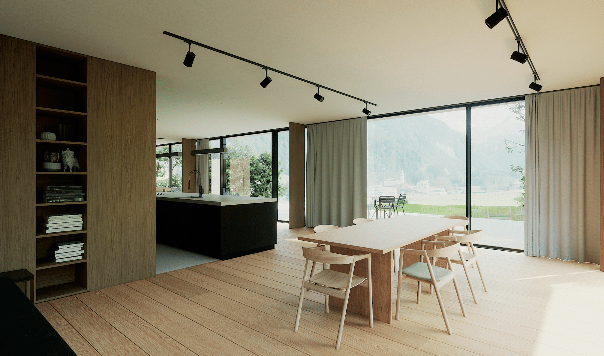 Solarlux zeigt einen hellen Essbereich mit Holzboden und großer Sitzgruppe, bestehend aus einem Holztisch und dazu passenden Stühlen und mit Glasschiebetüren durch die man eine schöne Aussicht ins Grüne hat.