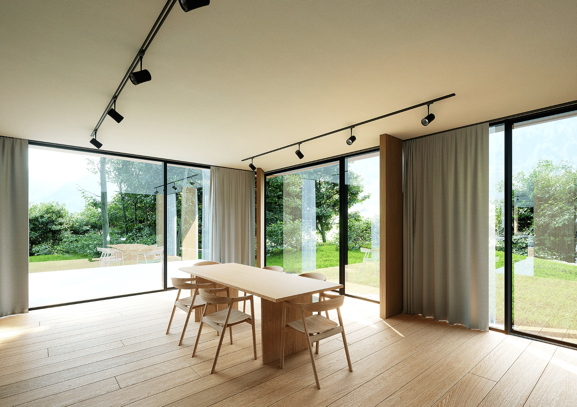 Solarlux zeigt ein lichtdurchflutetes Esszimmer mit hellem Holzboden und einer Essgruppe aus Holz und Glasschiebetüren mit Zugang in den gepflegten Garten mit Terrasse.
