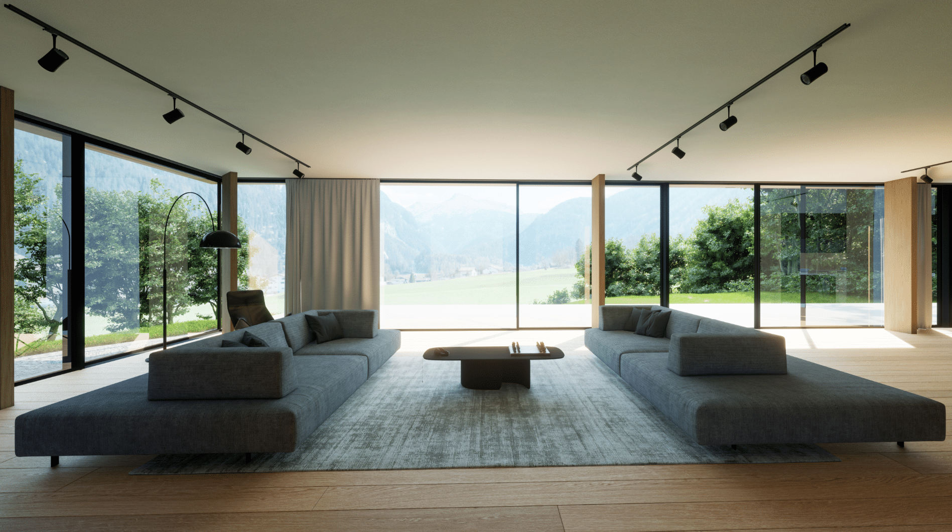 Solarlux zeigt ein großes Wohnzimmer mit zwei Sitzlandschaften und einem freiliegendem Teppich auf einem Holzboden und großen Glasfronten und einer Glasschiebetür mit Zugang zur Terrasse.