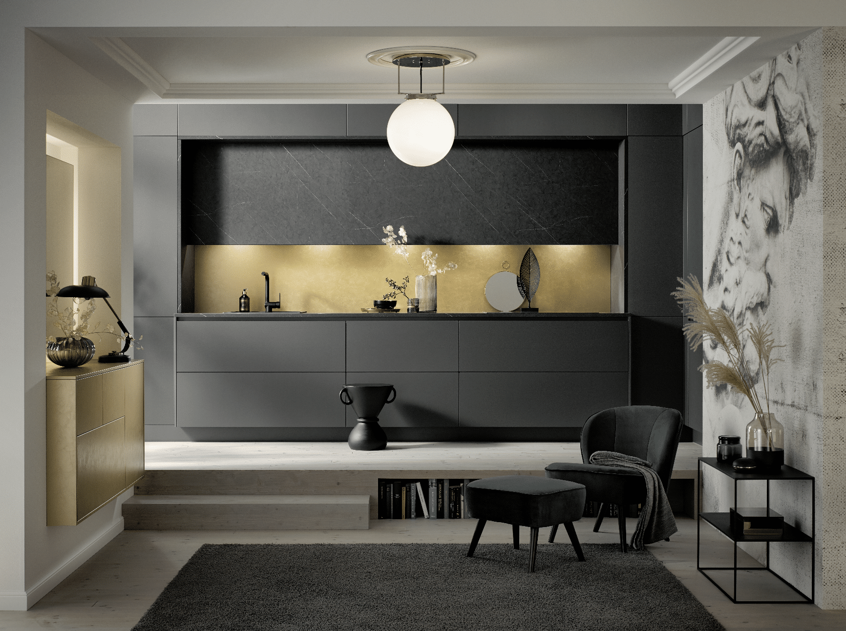 Tischlerei Bauer zeigt eine minimalistische Einbauküche mit grau-matten Fronten von Häcker Küchen.