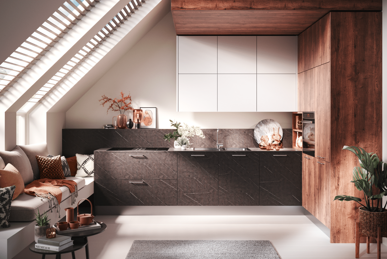Tischlerei Bauer zeigt eine elegante Küche mit teilweiser Holzoptik von Häcker Küchen, perfekt angepasst an eine baulich vorhandene Dachschräge.
